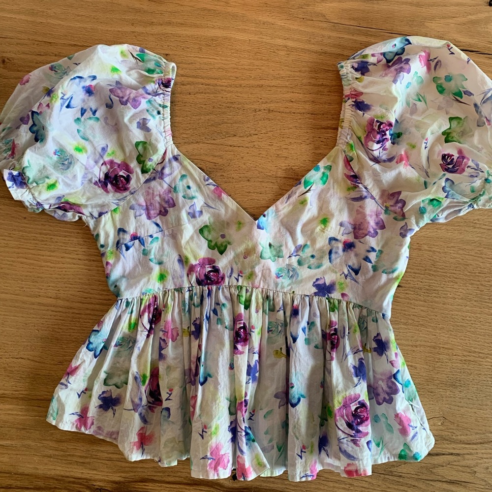 Urban Outfitters Women’s Small 100% Cotton Puff Sleeve Peplum Top Purple Floral